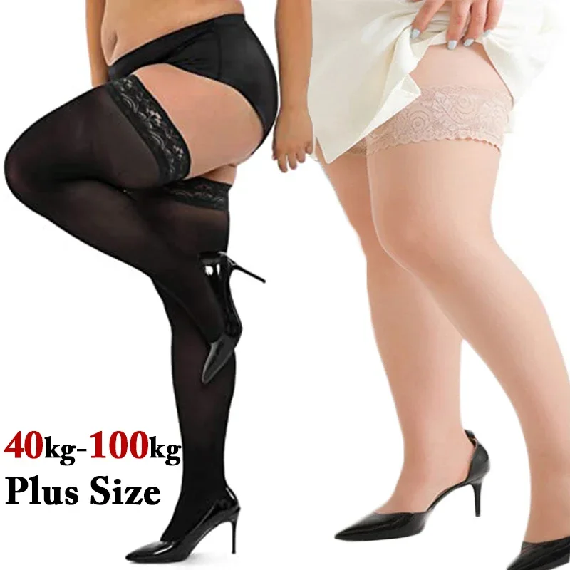 Plus Size Women Thigh High Stockings Ultra Thin Lace Silicone Stay Up Sexy Long Silk Socks 40-100kg