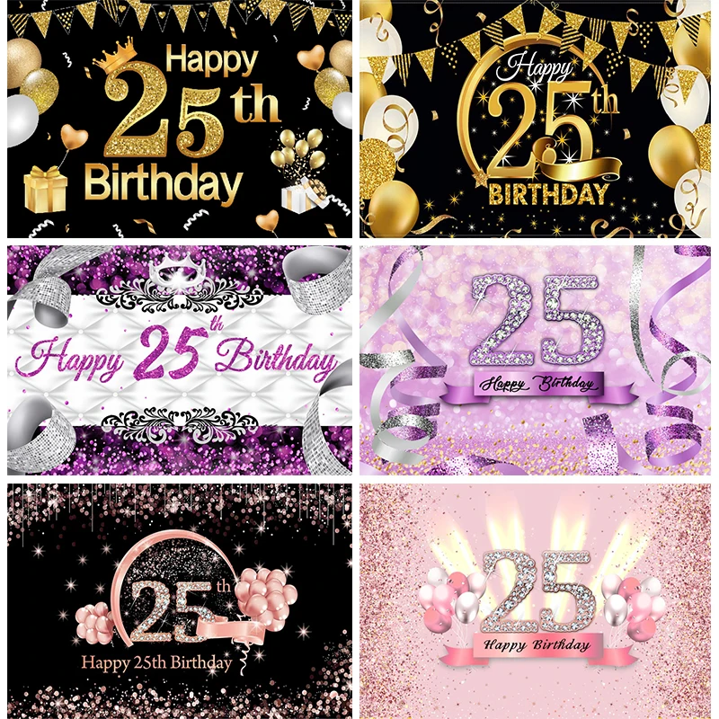 25th Backdrop 25 Birthday Decoration Black and Gold Twenty-Five Years Old Women Man Celebrations Anniversary Photo Background