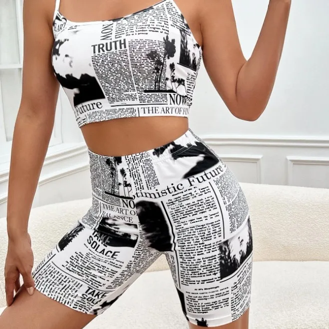 

Y2k Art Print Slim Fit Two Piece Sets For Women Summer Tank Crop Top And Shorts Bodycon Suit New Sport Streetwear