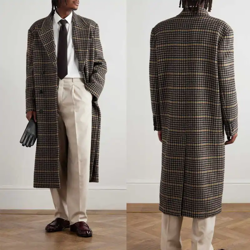 Classic Men's Houndstooth Wool Blends Trench Coat Double Breasted Peaked Lapel Long Overcoat Formal Outwear Custom Made