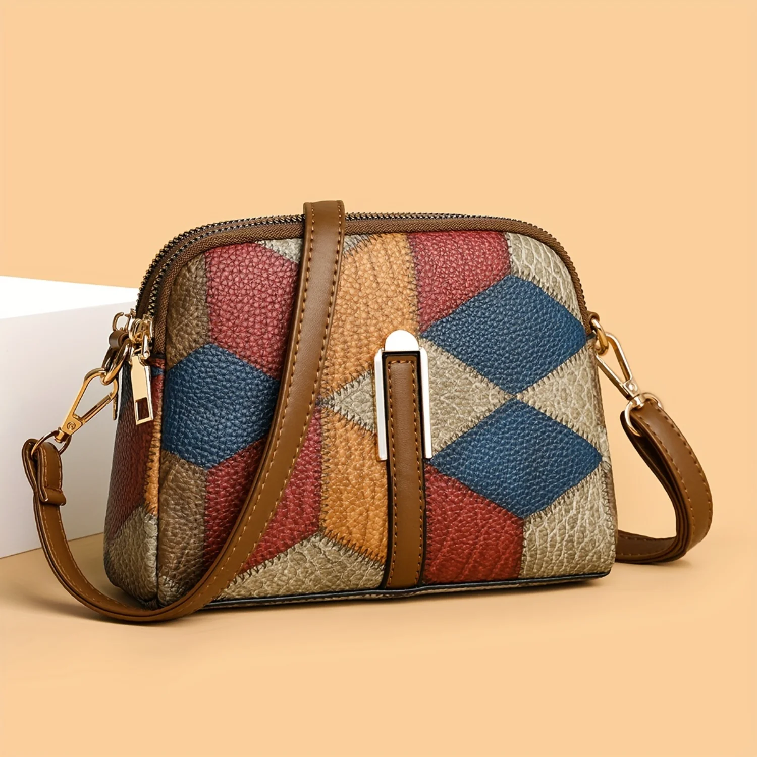 Stylish Colorblock Crossbody Bag with Retro Rhombus Pattern, Trendy Fashion Shoulder Bag for Women in a Variety of Colors and De