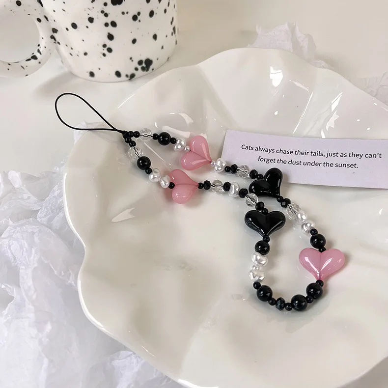 Pink Love Heart Mobile Phone Strap Chain for Women Short Length Korean Fashion Daily Lanyard Lightweight Non Tangle