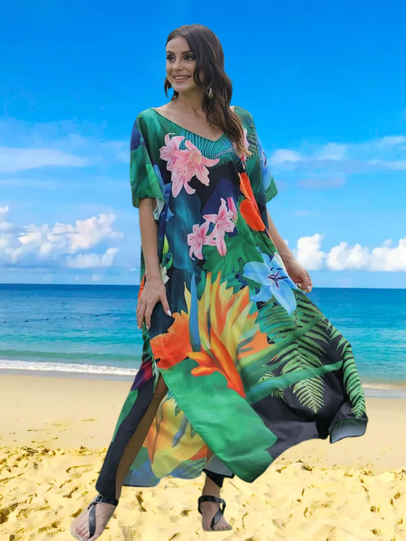 فساتين قفطان للنساء مقاس كبير بدلة استحمام تغطي فتحة رقبة على شكل حرف V فستان جناح الخفّاش فضفاض مناسب فساتين قفطان مغربي مومو