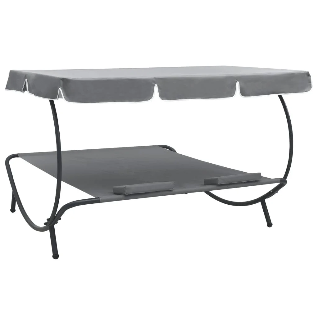 Outdoor Sun Bed Portable Double Chaise Lounge Bed with Adjustable Canopy and Headrest Pillows Gray/Brown/White[US-Stock]