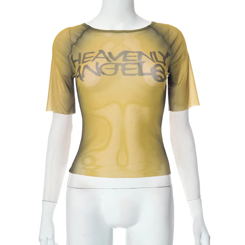 Brief Drucken Y2k Top Durchsichtig Grafik T Shirts Für Frauen Kleidung Kurzarm Ästhetischen Ropa De Mujer Dünne Sexy Streetwear – Detail 11