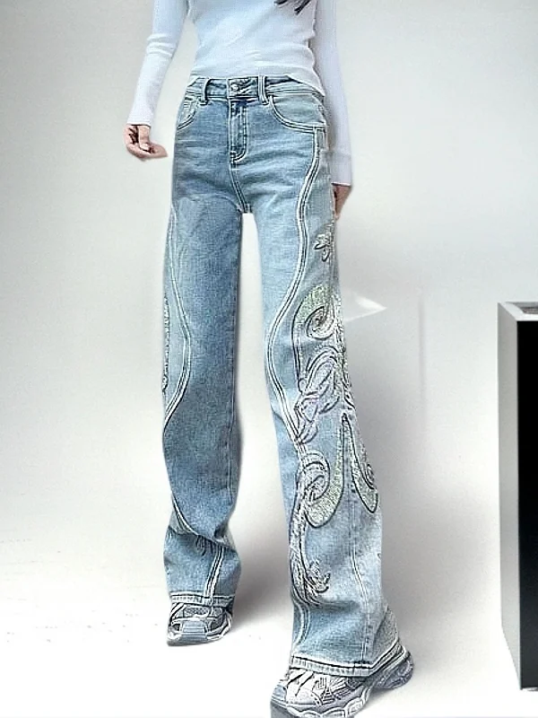 

Джинсы с высокой талией и широкими штанинами, свободного кроя, из денима, с стразами, повседневные, с множеством карманов, Весна 2026