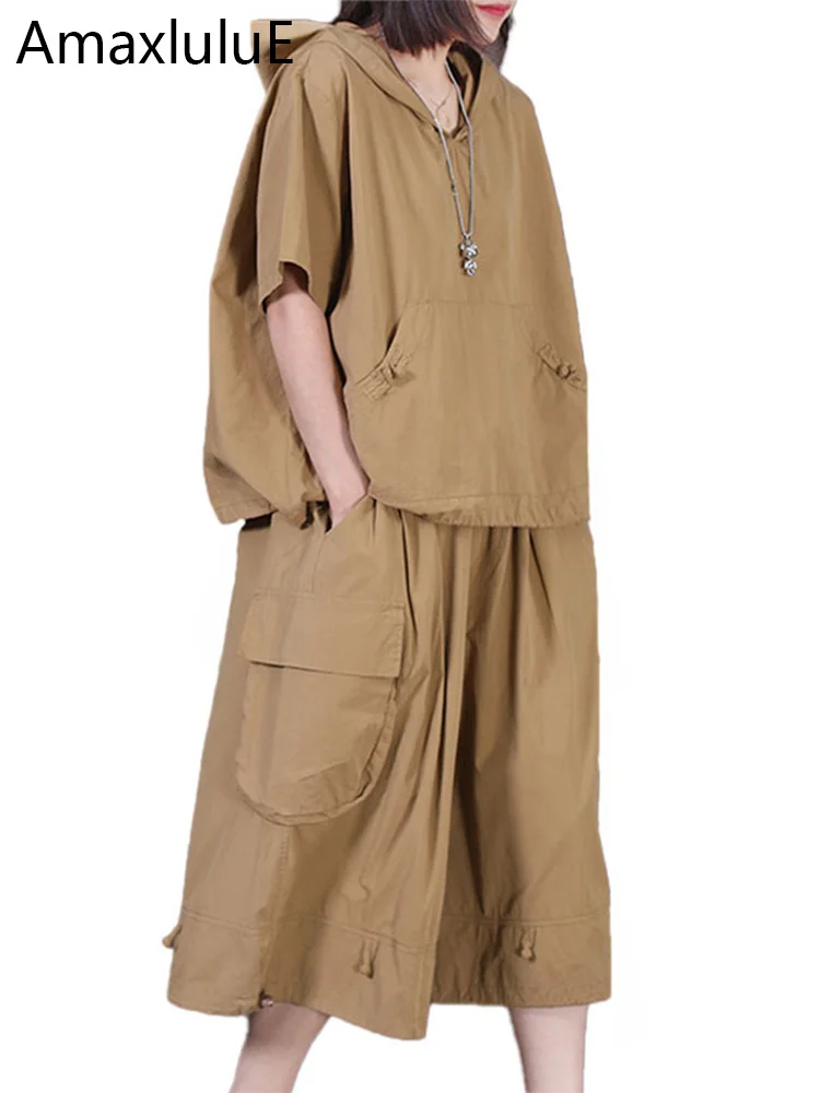 

AmaxluluE 2025 Summer Suits Womens Fashion Oversized Outfits Luxury Fitness Two Pieces Sets Loose Hooded Tops Elastic Wide Pants