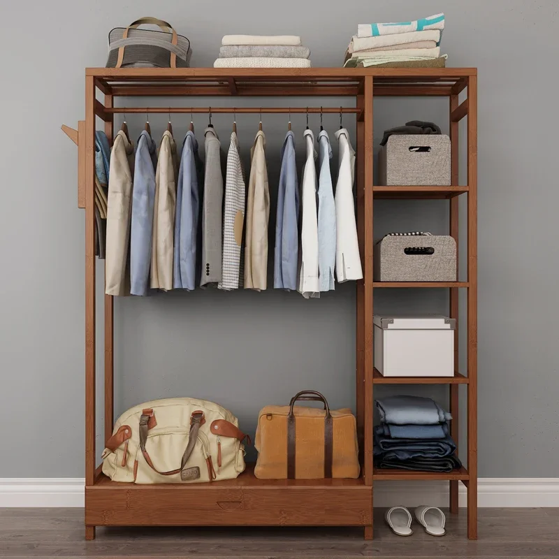 Eco-Friendly Bamboo Wardrobe - Compact Storage with Double and Single Hanging Sections, Assembled Efficient Organization