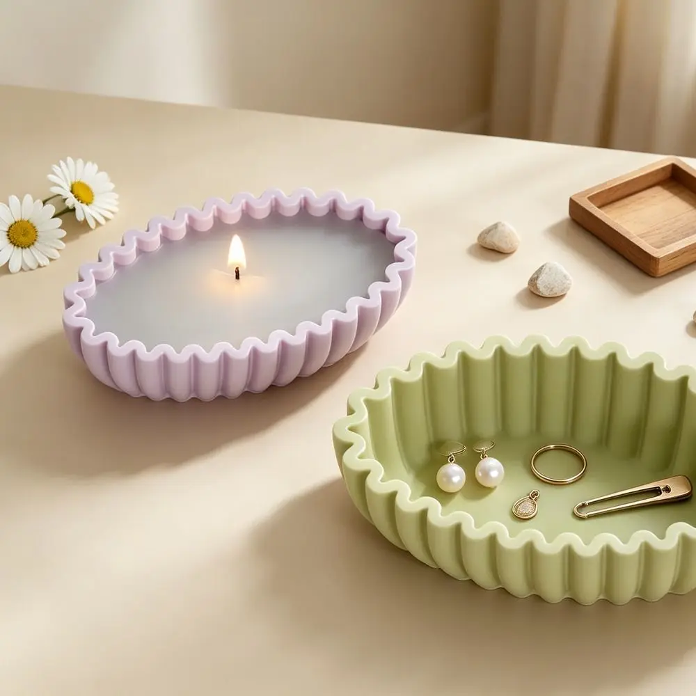 New Oval Shape Wavy Edge Tray Mold S/M/L Reusable Resin Concrete Mold Handmade Flexible Storage Bowl Mold Resin Art