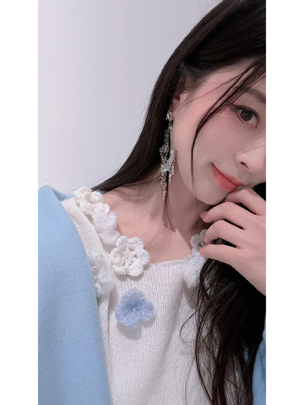 

D Studio Blue White Hooked Flower Bell Sve Sweater Woolen Plaid Straight Skirt Sweet Sle round Ne A-Line Midi Dr