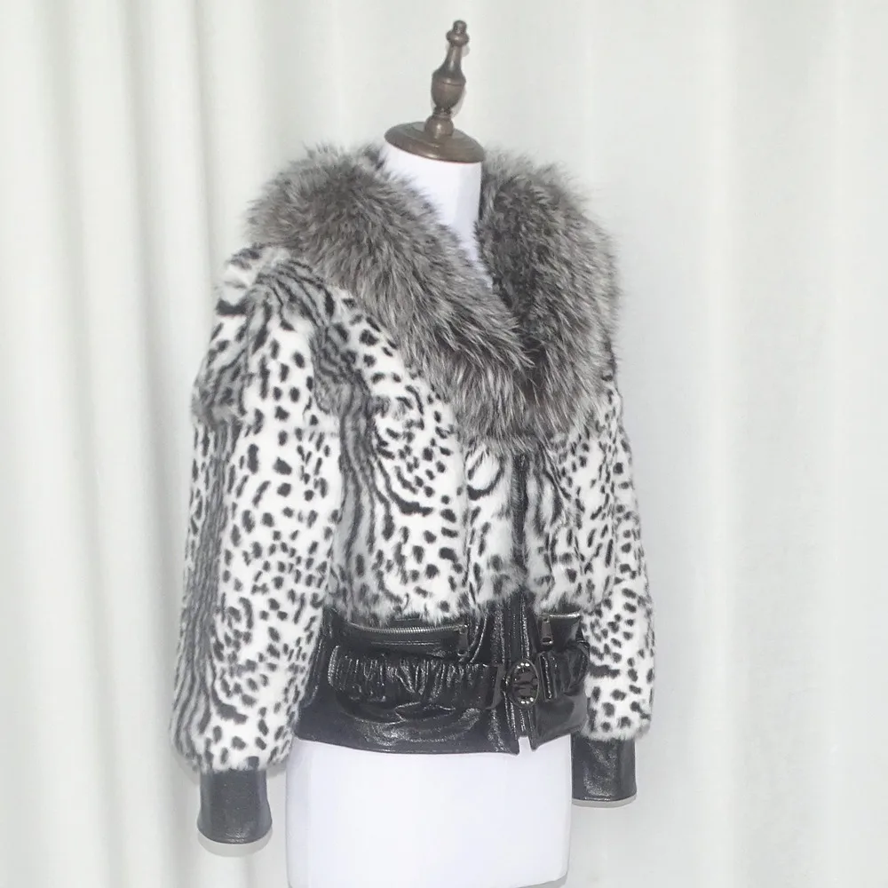 Leder jacke Natürliche pelz weiß Leopard Kreuz streifen Sexy frauen tragen Angora kaninchen fell weiblichen pelz mantel Zipper kurze echtpelz