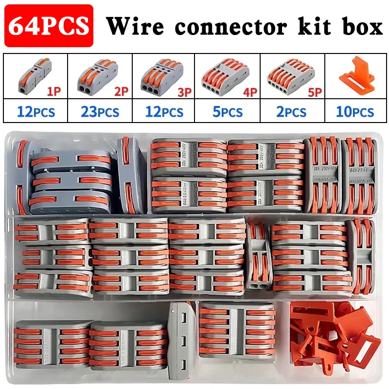 64pcs Wire Connector 1 2 3 4 5 Pin Electric Cable Led Strip Connectors Mini Cage Spring Universal Compact Quick Wiring Conductor