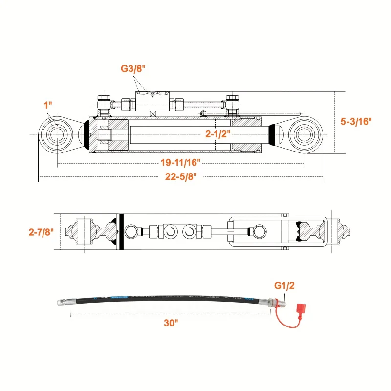 Adjustable Hydraulic Jack。 2-2 - Durable Metal Hydraulic Cylinder，With dual hoses and G3/8，8-5/16 to 28-11/16 Scope