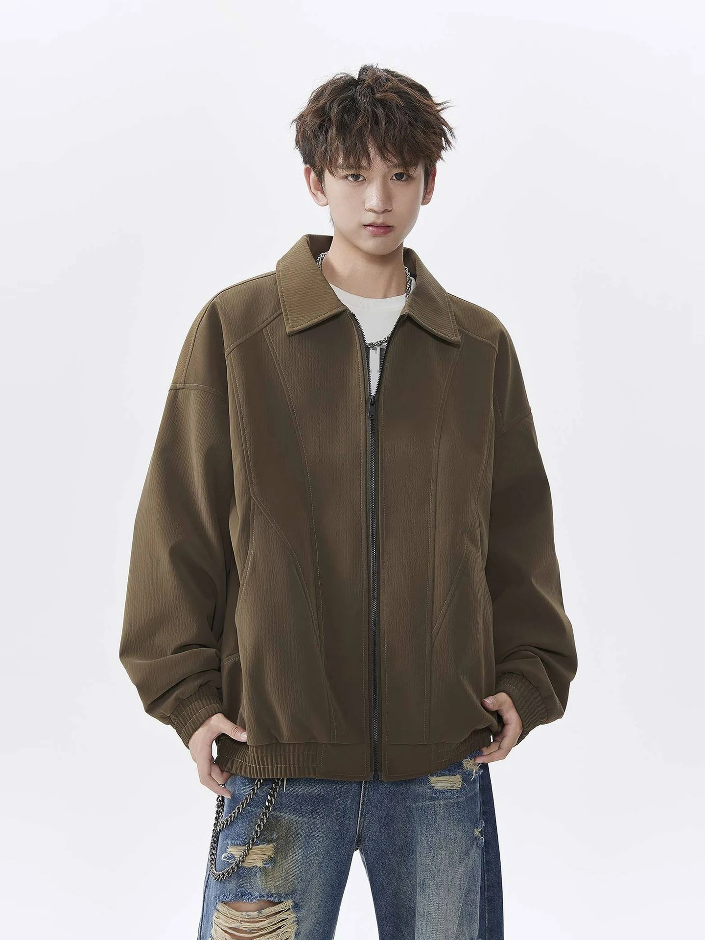 

Retro Sle Deconstructed Patchwork Collar Jaet ex Autumn Basic Commute Barn Sle Outerwear Loose Fit Elastic Hem