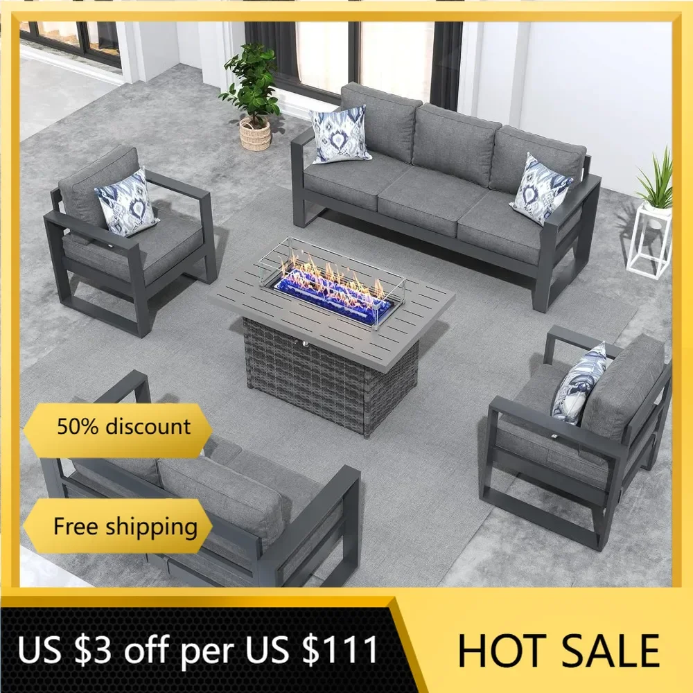 

5 Piece Modern Aluminum Patio Furniture Set with Fire Pit Table, Outdoor Patio Sectional Conversation Metal Seating Sets