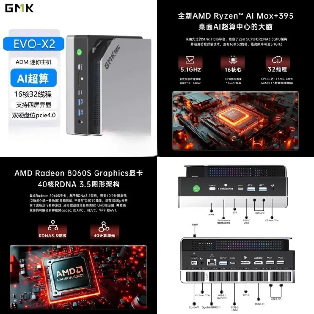GMK EVO-X2 Ryzen AI Max + 395 Mini Host Mini AI Integrated Display 8060S Desktop PC