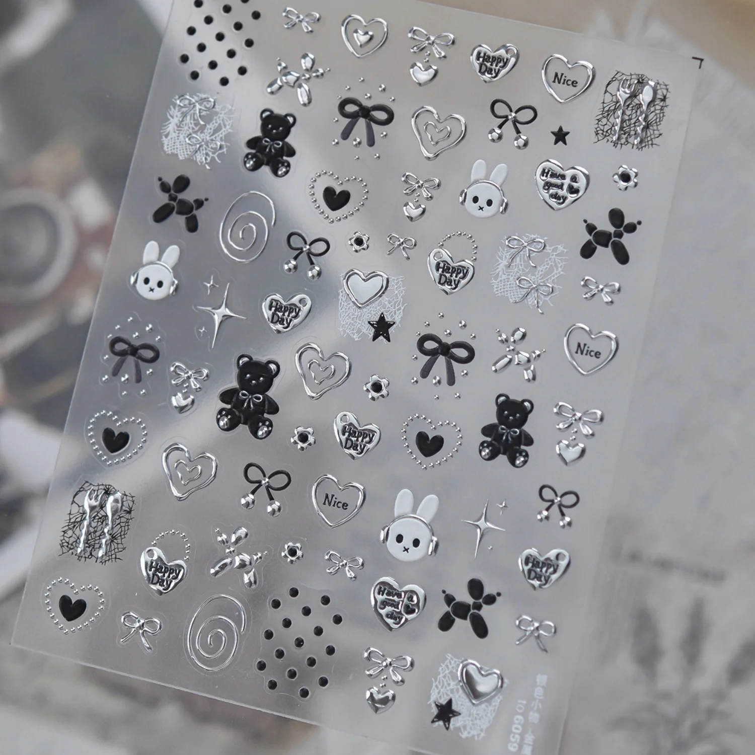 Elegant 5D Nail Stickers Black Silver Bear Rabbit Head Bow Hollow Love Polka Dot Star Lace Trim Self‑Adhesive Nail Decals Women