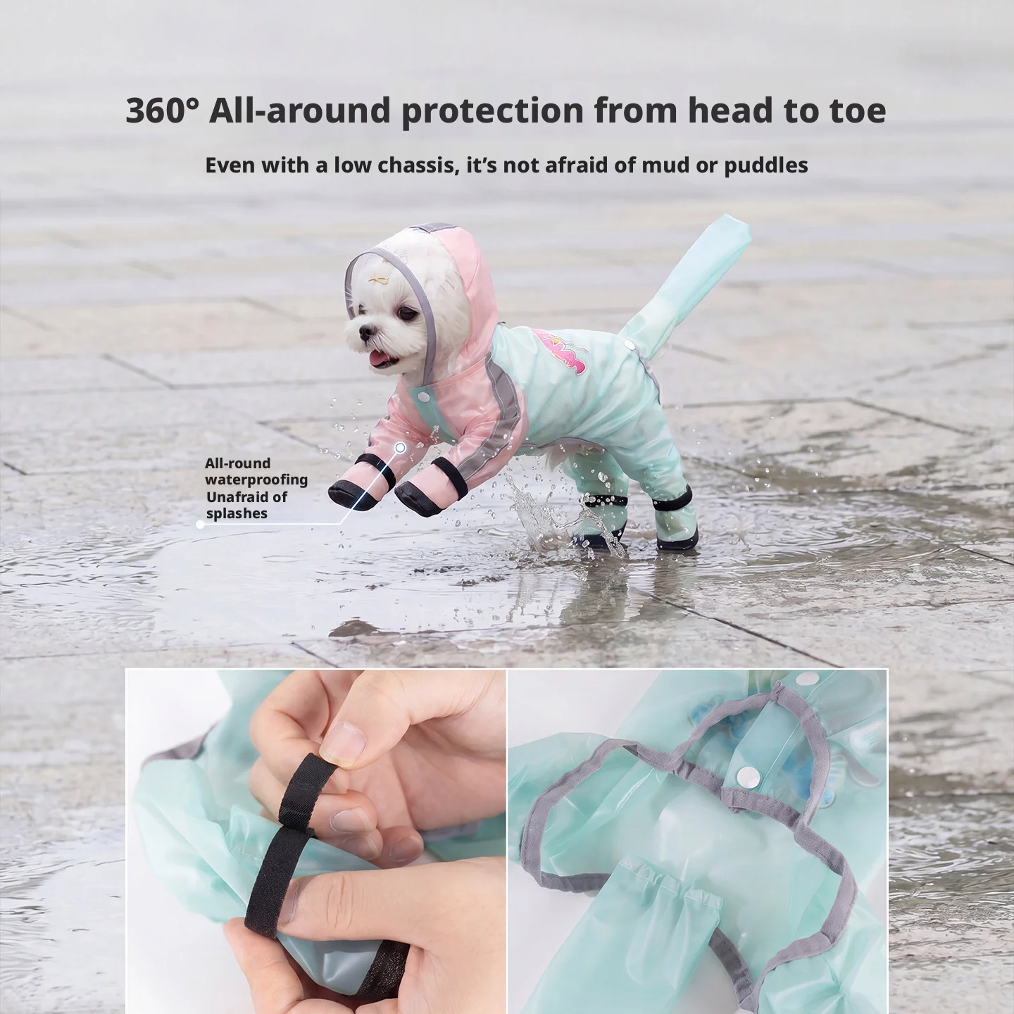 Four Season Pet Raincoat Full Coverage Paws Tail Hooded Design High Density Waterproof Material For Tiny Puppy