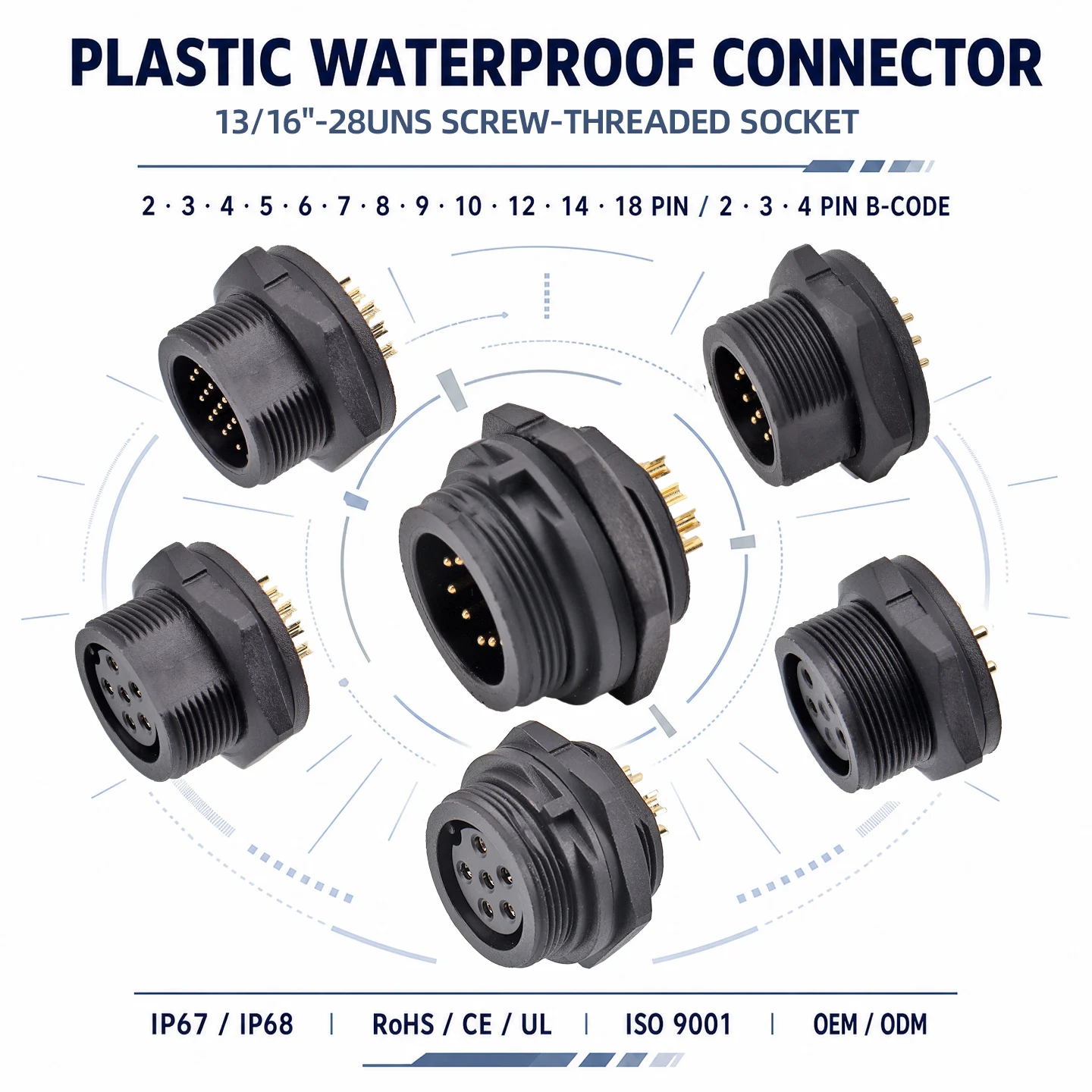 LTW Waterproof Connector Screw Lock Rear Front Fastened Panel Mount Solder PCB Receptacle 2 3 4 5 6 7 8 9 10 12 14 18 Pin