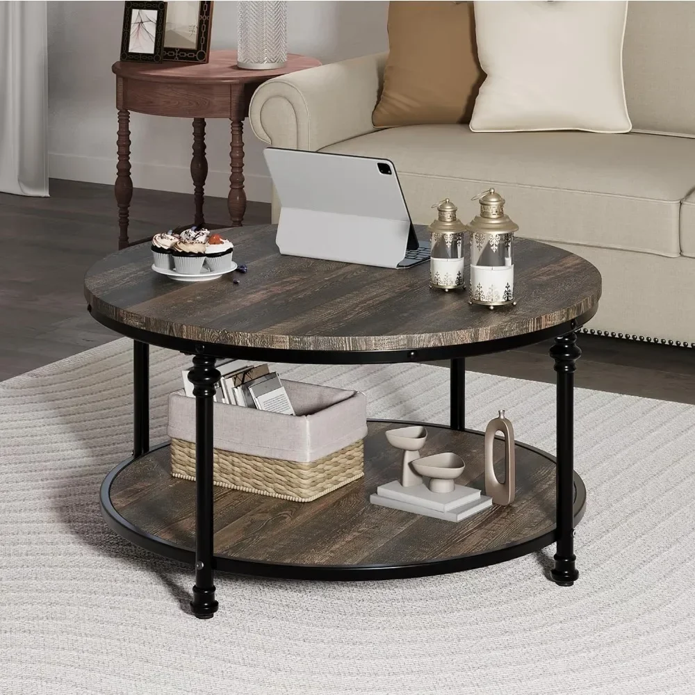 Round Coffee Table for Living Room Rustic Center Table with Storage Shelf Wood Circle Coffee Table with Sturdy Metal Legs