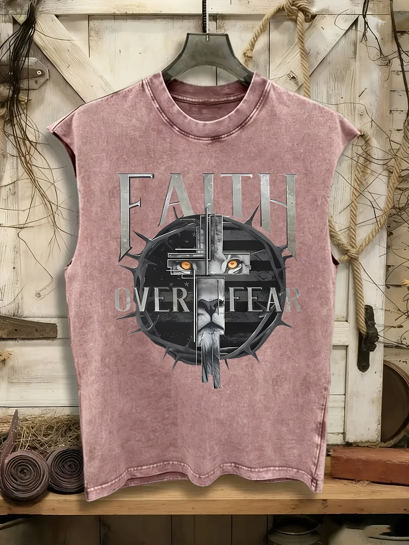 Customization Men'S 100% Washed Vintage Vest, With Lion And Thorn Crown Cross Pattern Print, Distressed Tank Top, Suitable For O