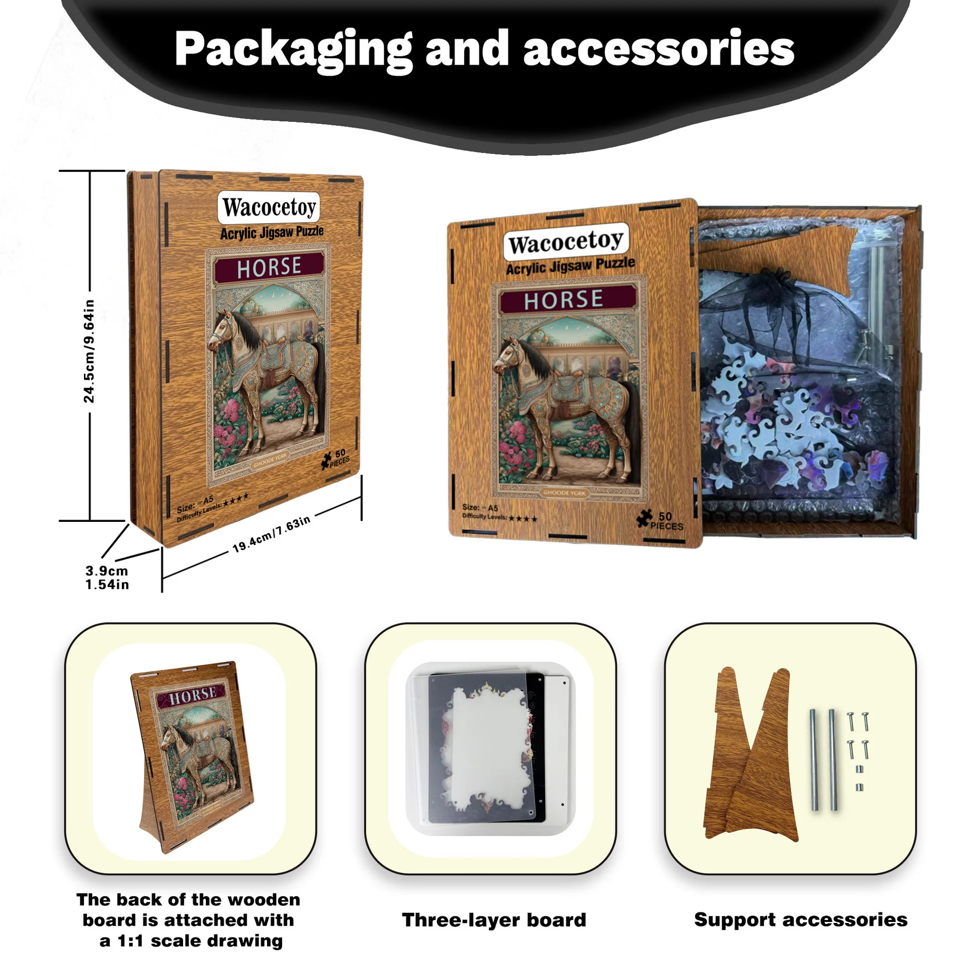 Vintage Carved Horse Acrylic Puzzle -Transparent Light Decorative Artwork Handmade DIY Jigsaw Ornament for Home Tabletop Display