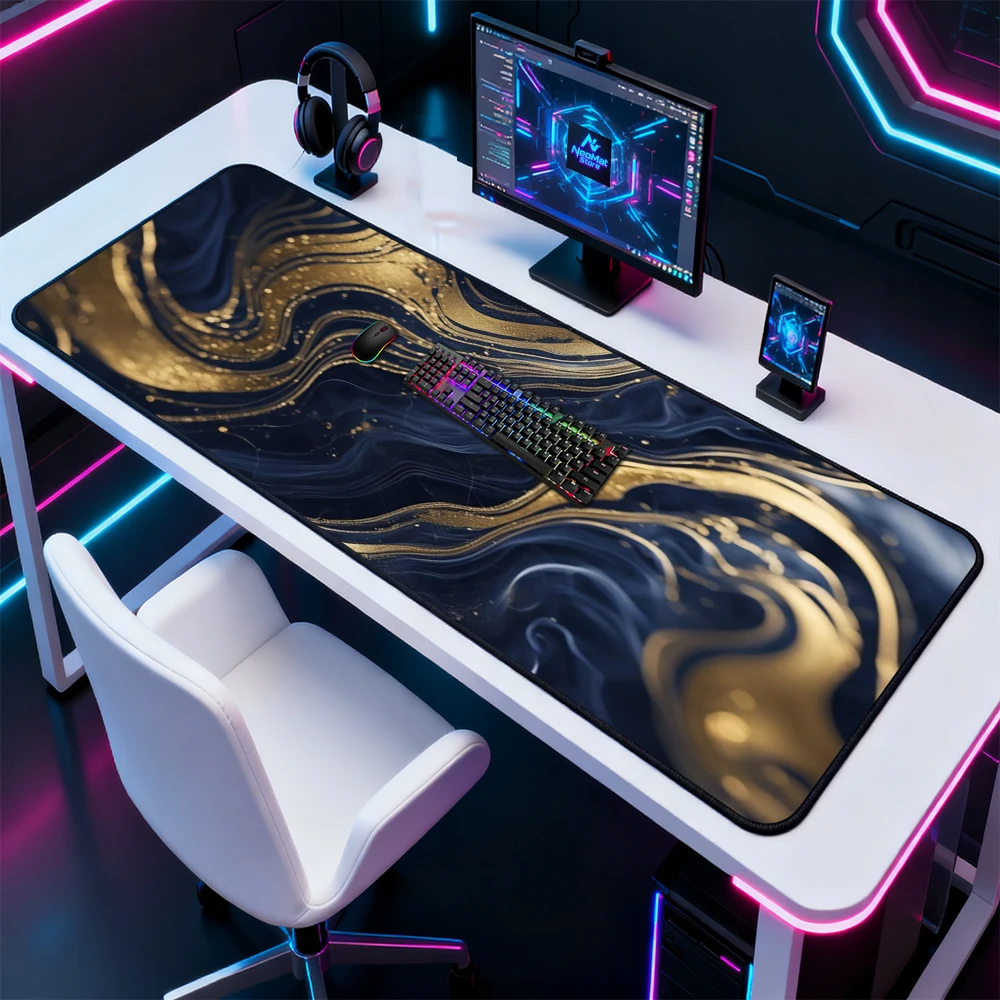 Liquid Swirl Desk Pad Deskmat Gold 180x60 Gaming Abstract 3mm Rubber Nonslip Navy Mousepad Accessories Full