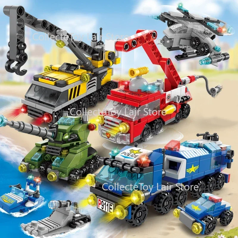 

6IN1 So Many Styles Building Blocks City Fire Car Police Truck Engineering Crane Tank Helicopter Bricks Set Toy for Child Kids