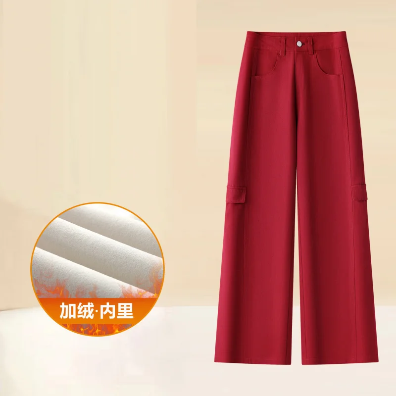

2026 Красные женские брюки с широкими штанинами на флисовой подкладке, новая осенне-зимняя модель, с высокой талией, прямого кроя, струящиеся, утепленные, повседневные