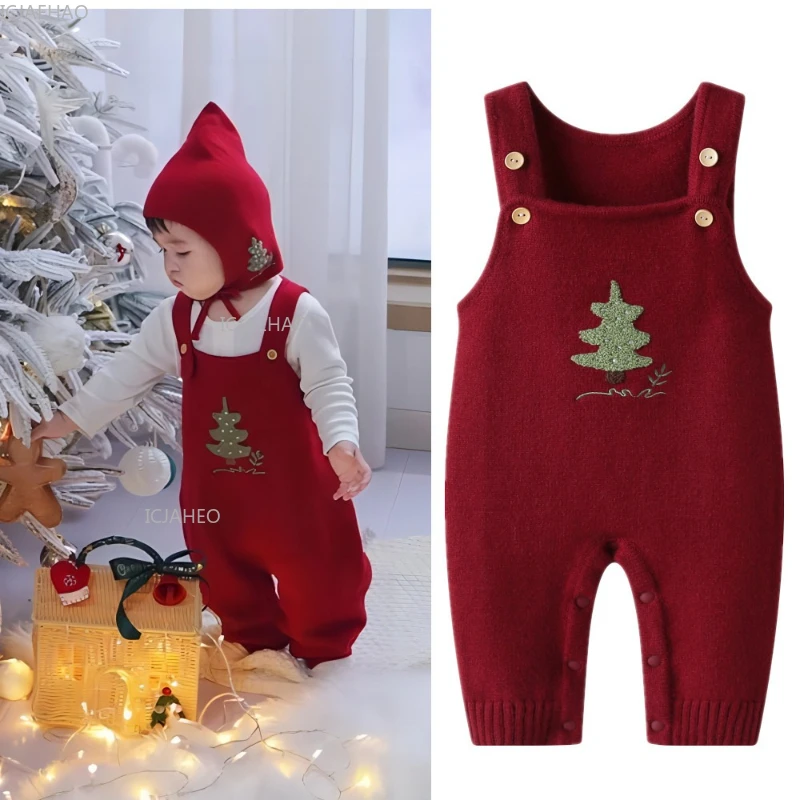 Wine Red Knit Baby Kids Suspenders Jumpsuit Christmas Tree Pattern Warm Wool Pants Double Button Infant Winter Children Clothes