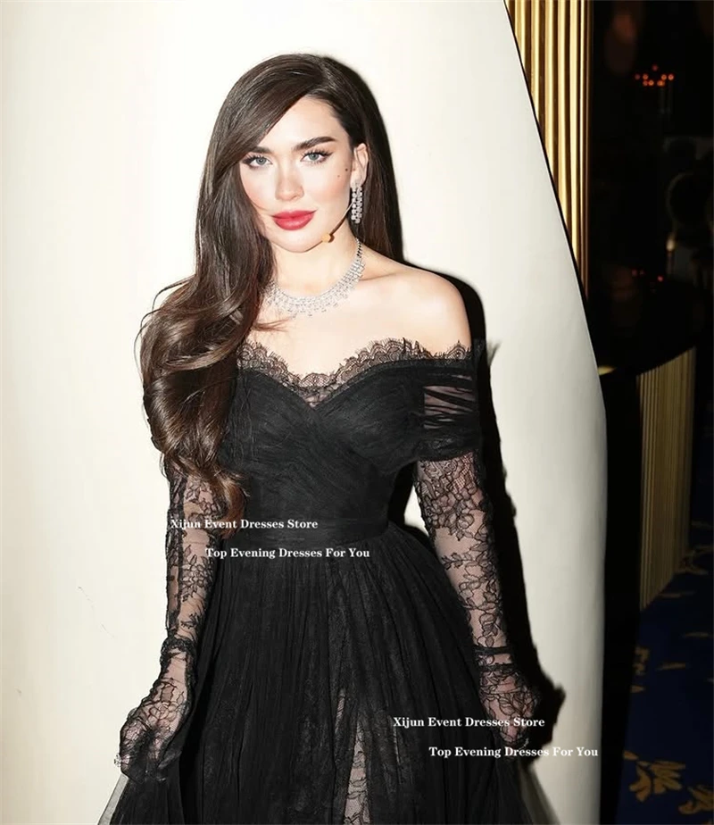 Xijun Sexy Black Lace Long Evening Dresses Off The Shoulder Sweetheart Prom Dress Slit Saudi Arabric Formal Occasion Prom Gowns image 5