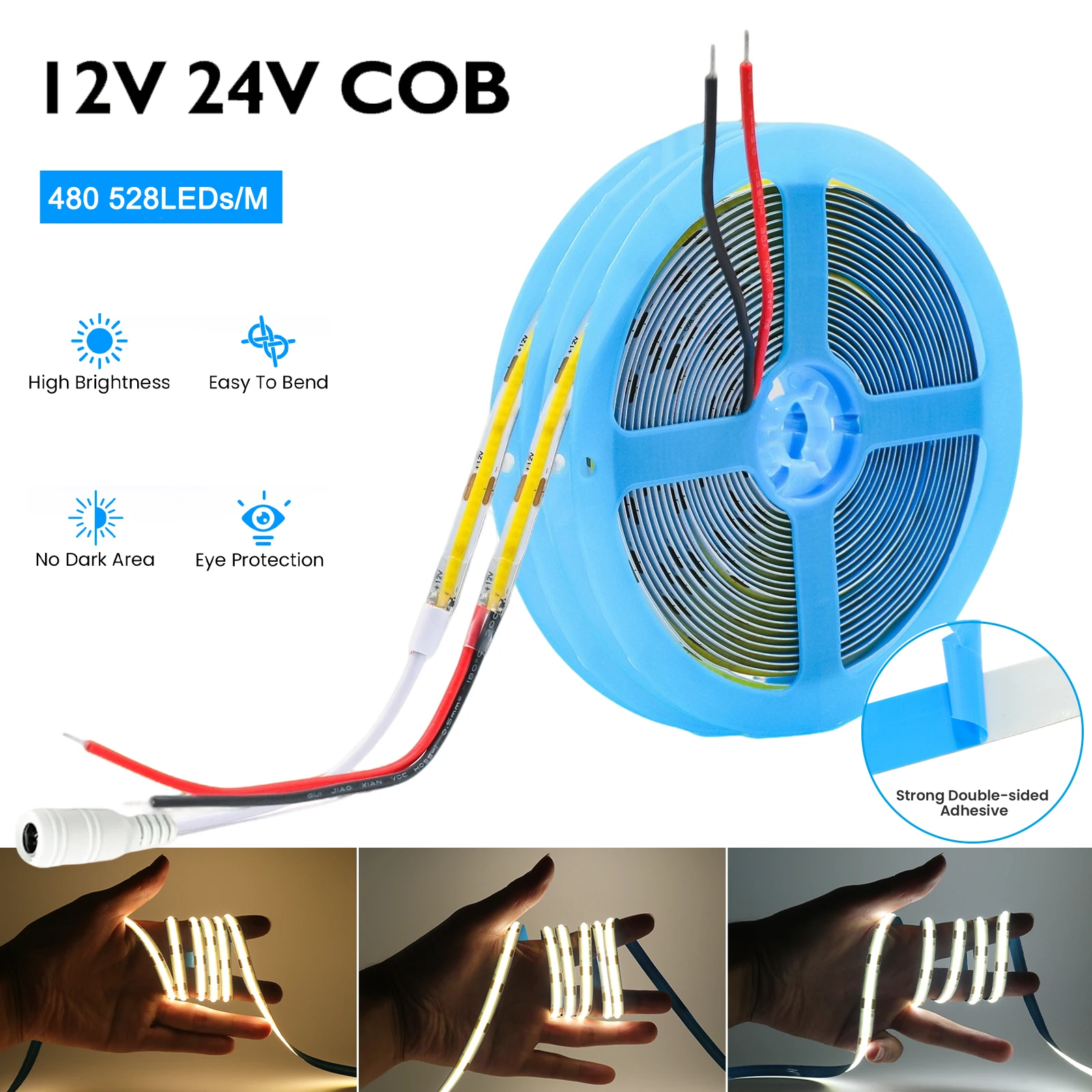 12V 24V COB LED Strip Light 480 528LEDs/M High Density 2Pin Connector/DC Plug RA90 Flexible Tape Warm Natural White Home Decor