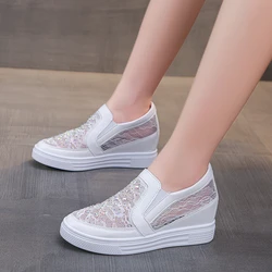 2024 Spring Summer New Mesh Casual Shoes Women's Breathable Lazy White Black Hollow Lace Inner Increase Fashion Loafer Slip-On