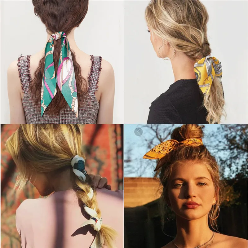 Fashion Floral Single Print Bow Satin Long Ribbon Ponytail Scarf Hair Tie Scrunchies Women Elastic Hair Bands Hair Accessories