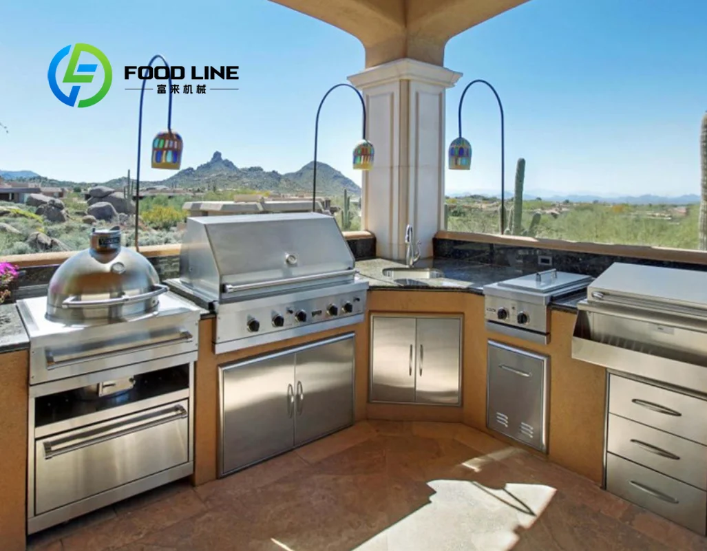 

Модульная уличная кухонная станция для барбекю с мойкой, холодильником, газовыми горелками из нержавеющей стали, для патио