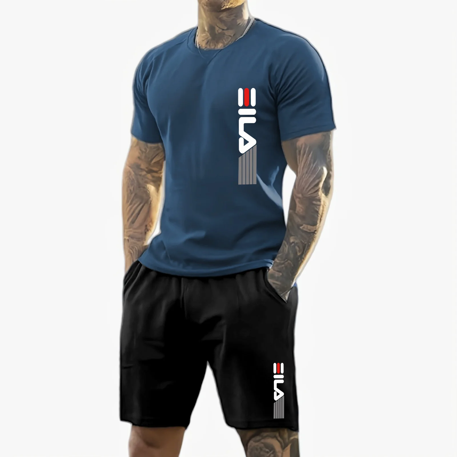 Męski letni zestaw sportowy na rok 2025, modny, oddychający, na zewnątrz, męski T-shirt z krótkim rękawem + szorty treningowe, dwuczęściowy komplet.