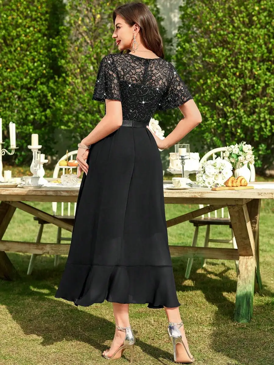 

Elegant Black V Neck Sequin Lace Bodice A-Line Midi Dress With Flutter Sleeves Ruffle Hem For Formal Evening Party Wedding Guest