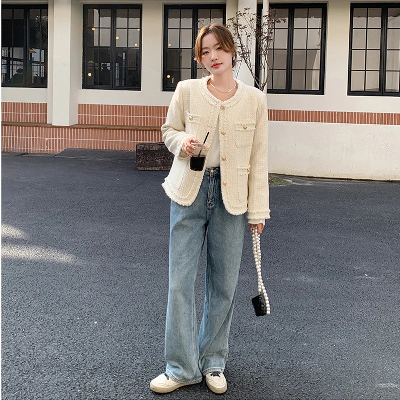 Autumn Women's Clothes French Style Women Tweed Jacket White Coat Korean Chic Streetwear Cropped Short Tops Office Lady Party