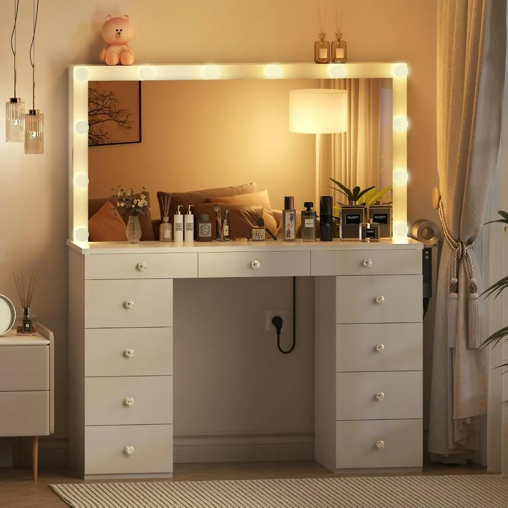 Vanity Desk with Mirror and Lights, White Vanity with Jewelry Storage Cabinet, Makeup Dressing Table with 11 Drawers