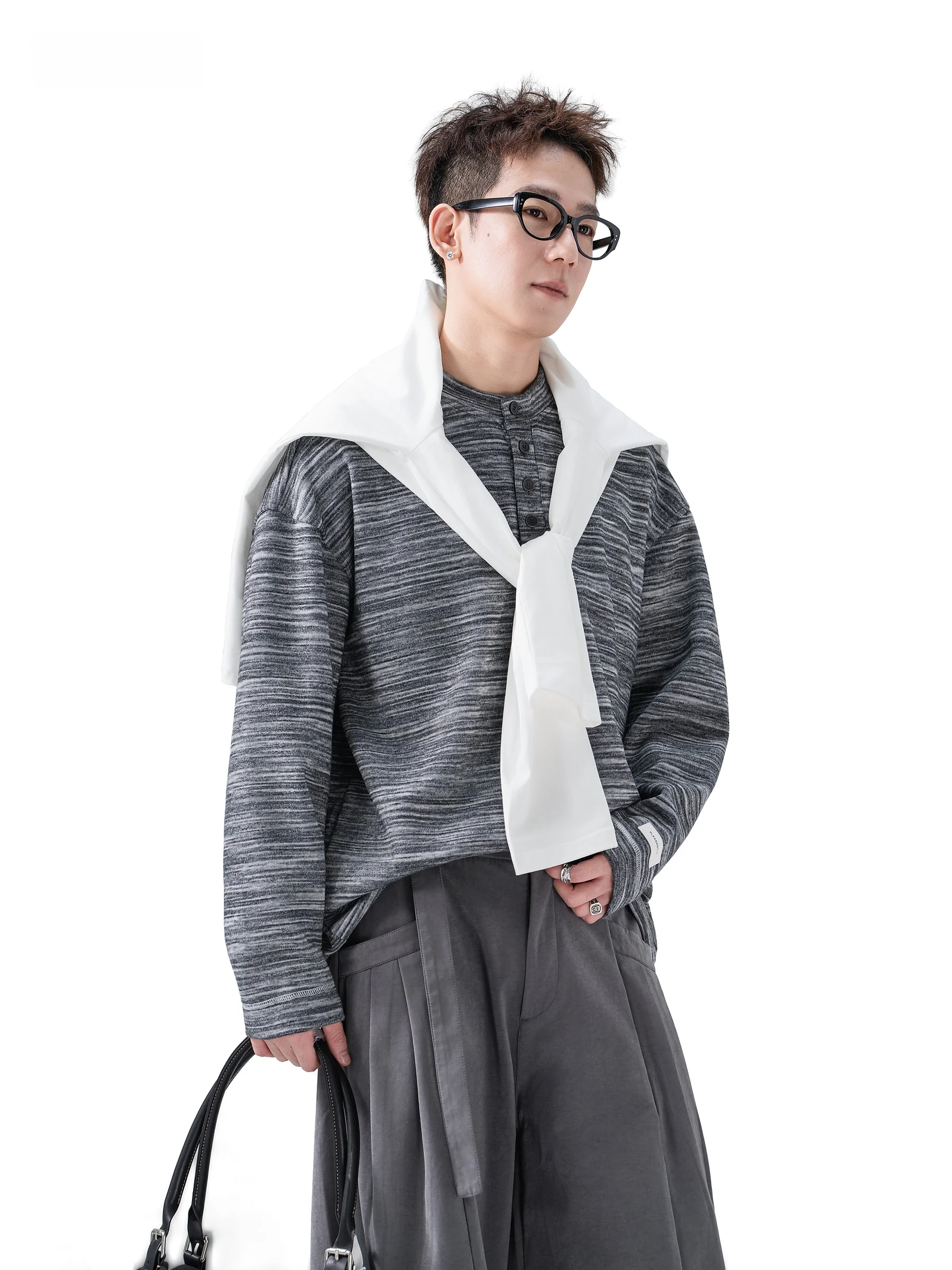 Loose Long Sleeve Henry Collar T-Shirt Men's Autumn Versatile Loose Fit Color Block Sweatshirt Trendy Streetwear Casual Style