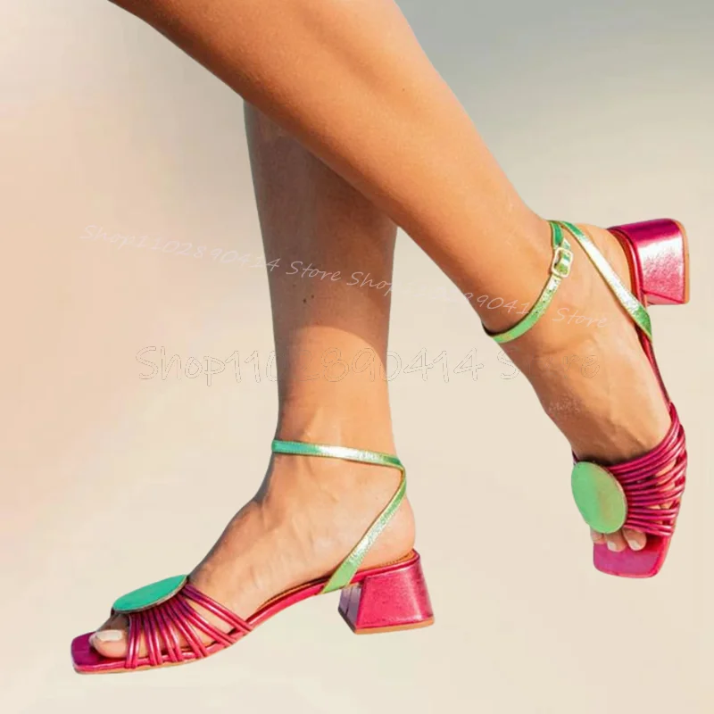 Mixed Color Geometry Design Strappy Sandals Ankle Buckle Strap Women Shoes Chunky High Heels Open Toe 2024 Zapatos Para Mujere