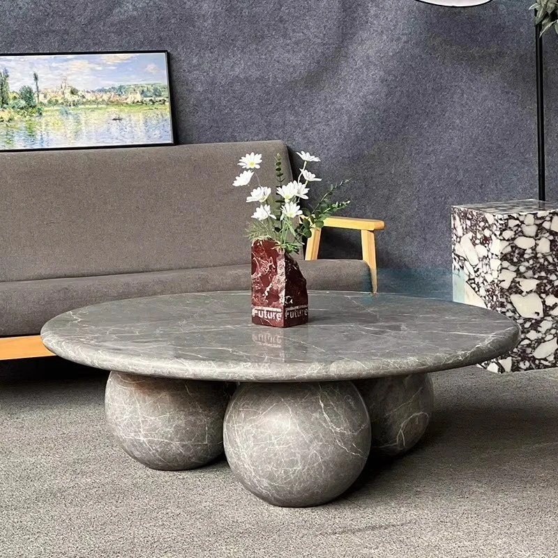 Solid Stone Round Top Leisure Table, Gray Tone With Round Support Legs for Household Living Space Gathering