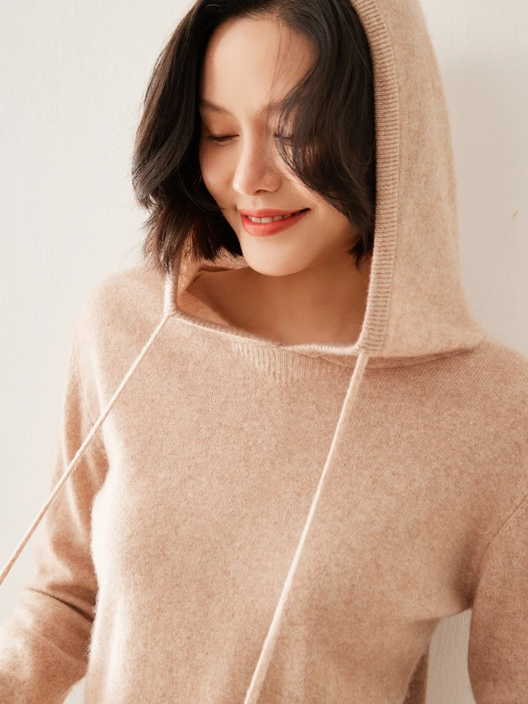 

2025 High-quality Women‘s Hooded Pullovers 100% Cashmere Sweater Spring Autumn Winter Casual Fashion Cashmere Knitwear Tops