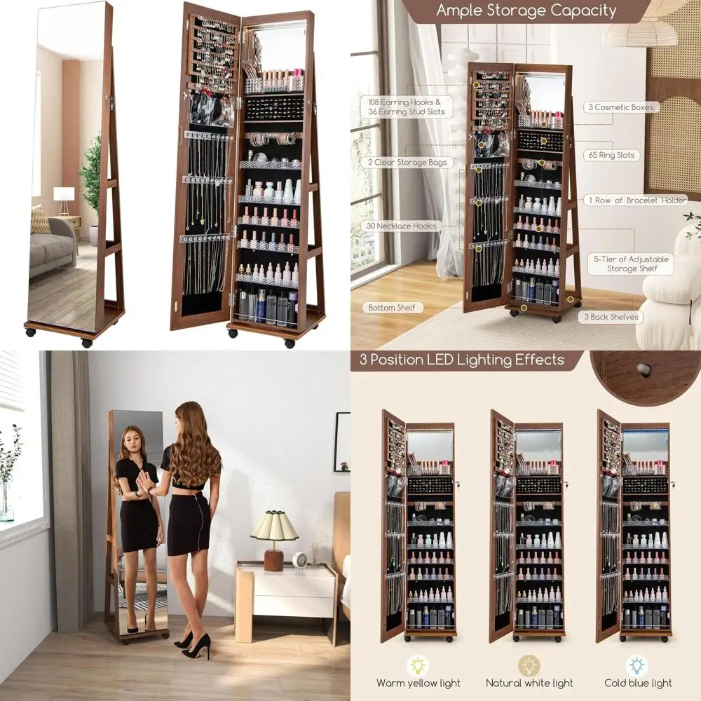 

Walnut Full-Length Mirror Jewelry Cabinet with Lockable Storage, LED Lights, and Wheels