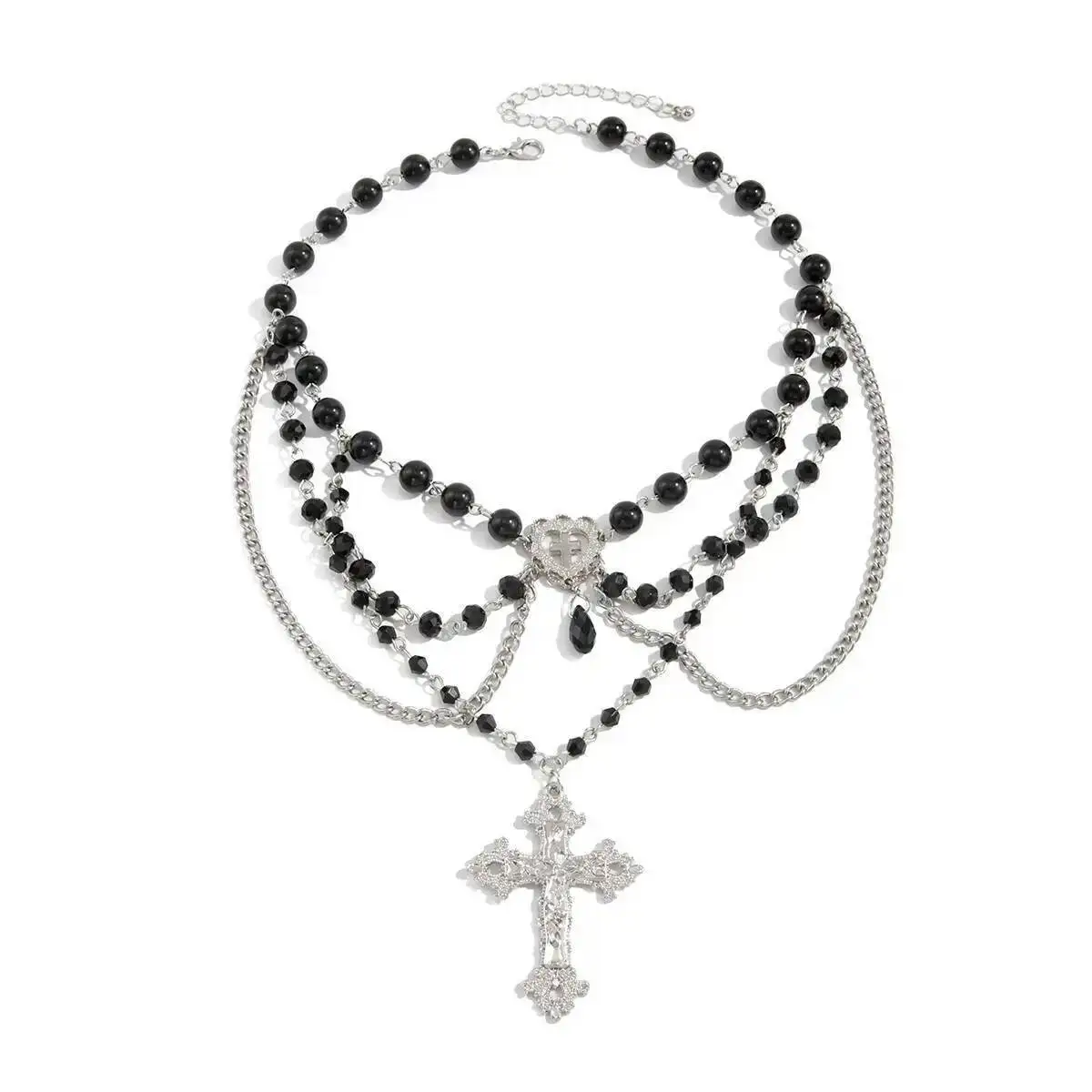 Lacteo Neo-Gothic Multilayer Black Acrylic Beads Chain Necklace for Women Creative Punk Cross Pendant Necklace Halloween Jewelry