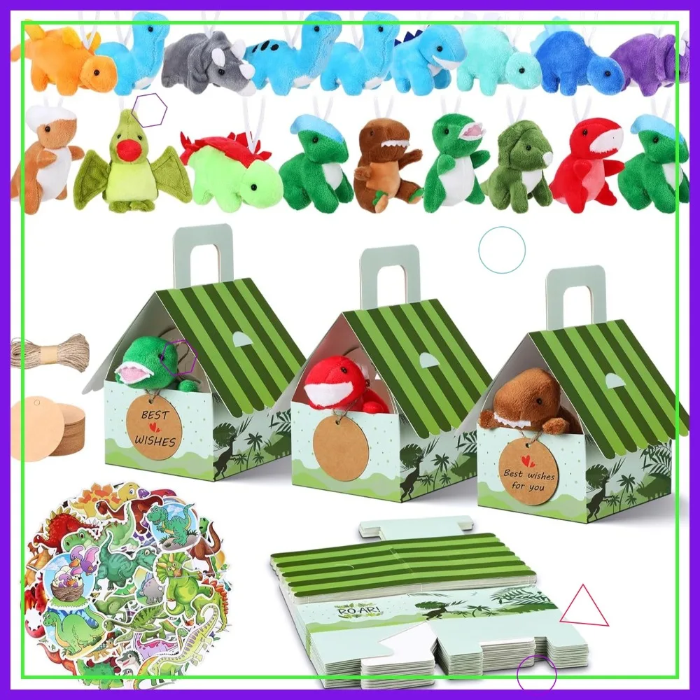 

24 Pcs Mini Dinosaur Stuffed Animals Keychains Party Favors for Boys Girls Birthday Gift Set with Stickers
