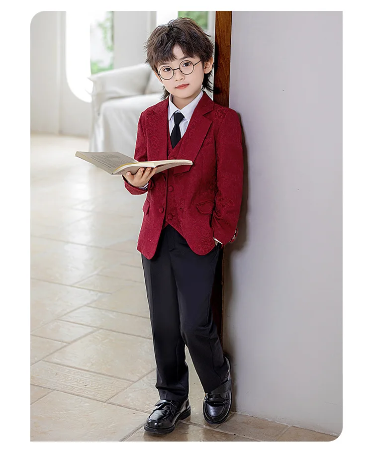 Kinder-Jungen-Jacquard-Blazer-Anzug-Set, Neujahrs-Blumenjungen-Hochzeitskostüm, Gastgeber-Outfit für Klavierauftritte, Bühnen- und Partykleidung – Detail 18