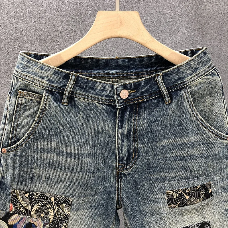 メンズストレートカットショーツ,刺denim,ルーズフィット,カジュアル,トレンディ,夏,ノベルティ,ファッショナブル,2024