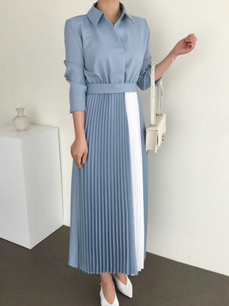 

2023 New Autumn Women Vintage Loose High Waist Slim Was Thin Elegant High Waist Panelled Color Folds Maxi Dress Robe X332