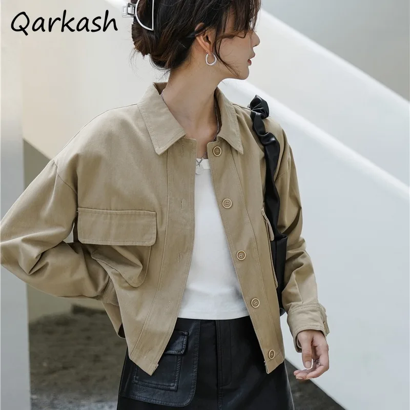 

Куртки женские однобортные с отложным воротником, укороченные топы, рабочая одежда с длинными рукавами и карманами, осенняя уличная одежда, корейская модная повседневная одежда
